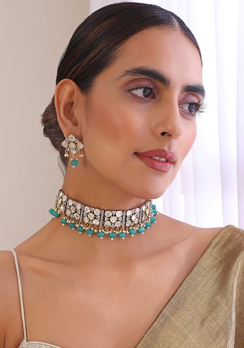 Mint Green Silver Tone Polki Choker And Earrings Set