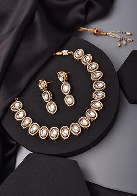 Gold Tone Polki Necklace And Earrings Set