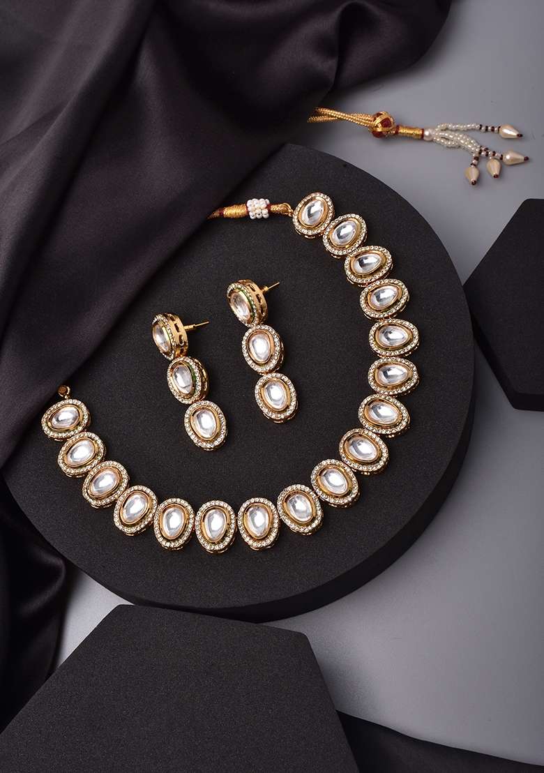 Gold Tone Polki Necklace And Earrings Set - Indya