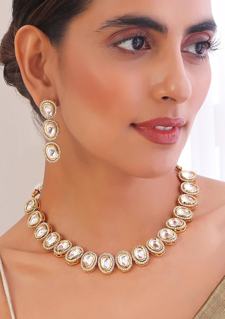 Gold Tone Polki Necklace And Earrings Set
