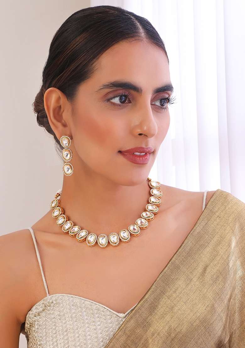 Gold Tone Polki Necklace And Earrings Set - Indya