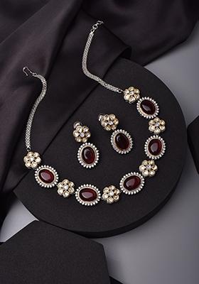 Red Silver Tone Polki Necklace And Earrings Set