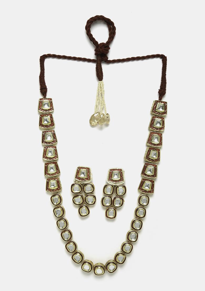 Gold Finish Red Kundan Necklace And Earrings Set