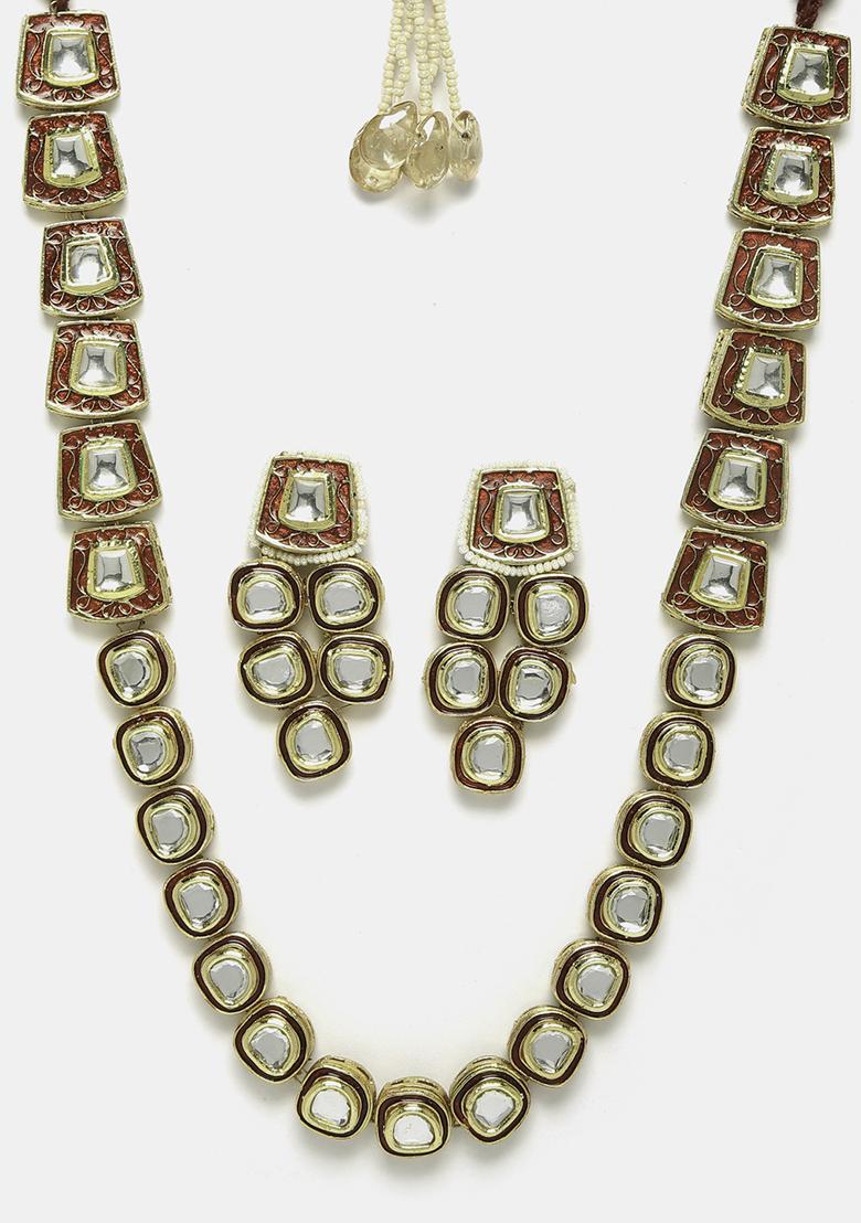Gold Finish Red Kundan Necklace And Earrings Set