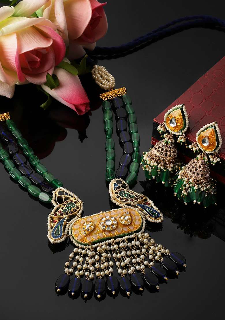Blue And Green Peacock Motif Kundan Necklace And Earrings Set - Indya
