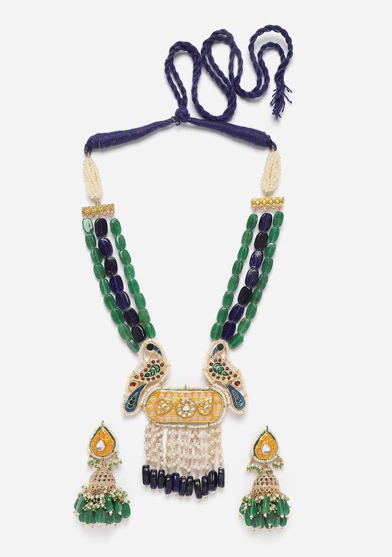 Blue And Green Peacock Motif Kundan Necklace And Earrings Set - Indya