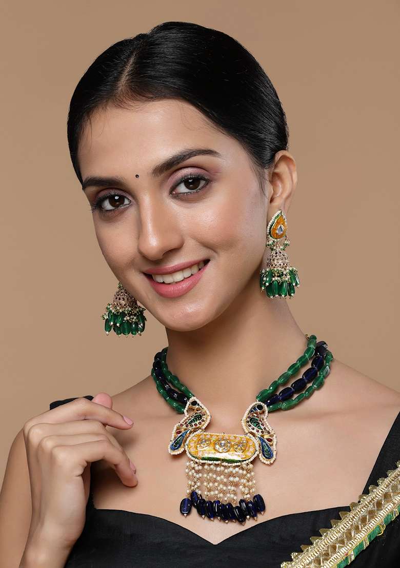 Blue And Green Peacock Motif Kundan Necklace And Earrings Set - Indya