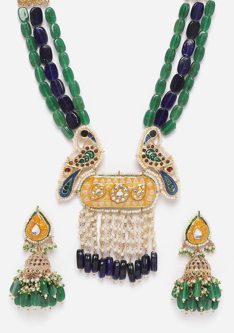 Blue And Green Peacock Motif Kundan Necklace And Earrings Set - Indya