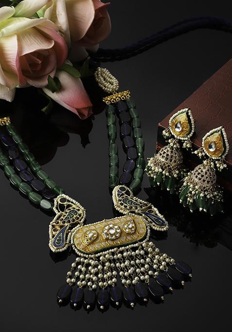 Blue And Green Peacock Motif Kundan Necklace And Earrings Set