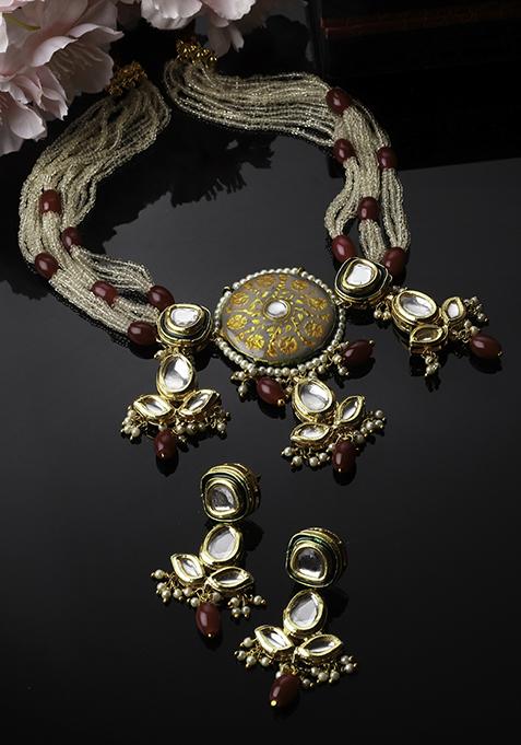 Grey And Red Kundan Pearl Necklace And Earrings Set