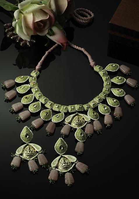 Light Green And Pink Kundan Pearl Necklace And Earrings Set