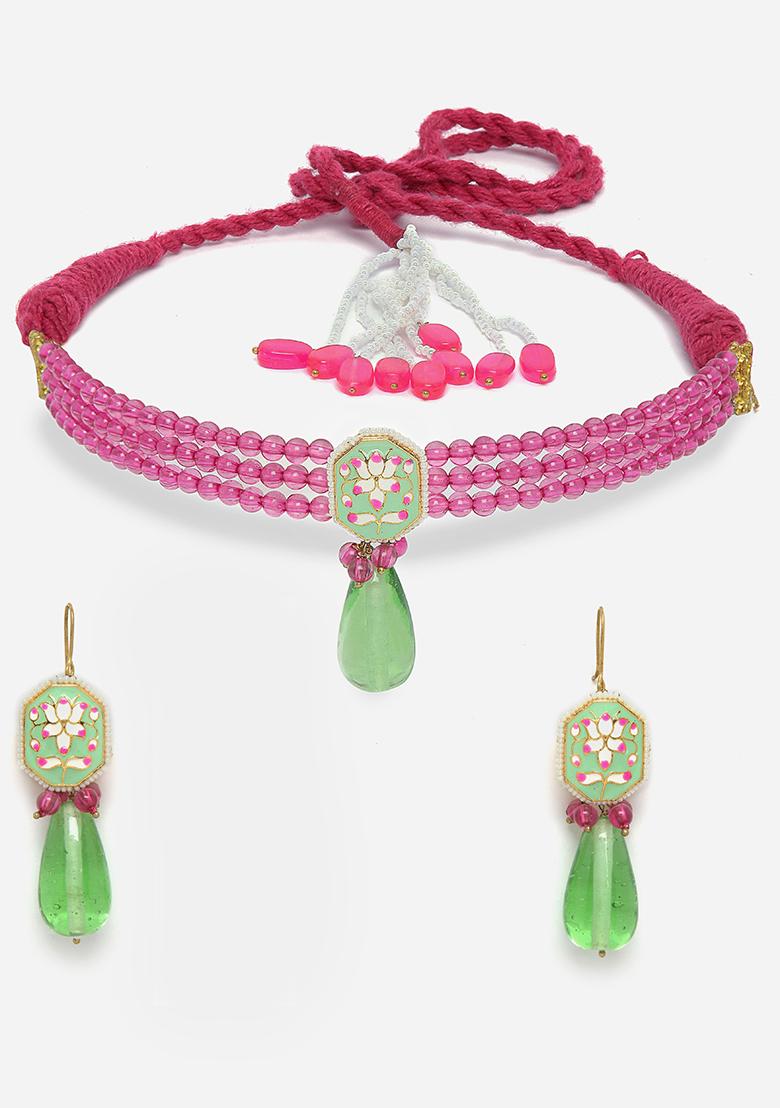 Green And Pink Kundan Pearl Necklace And Earrings Set