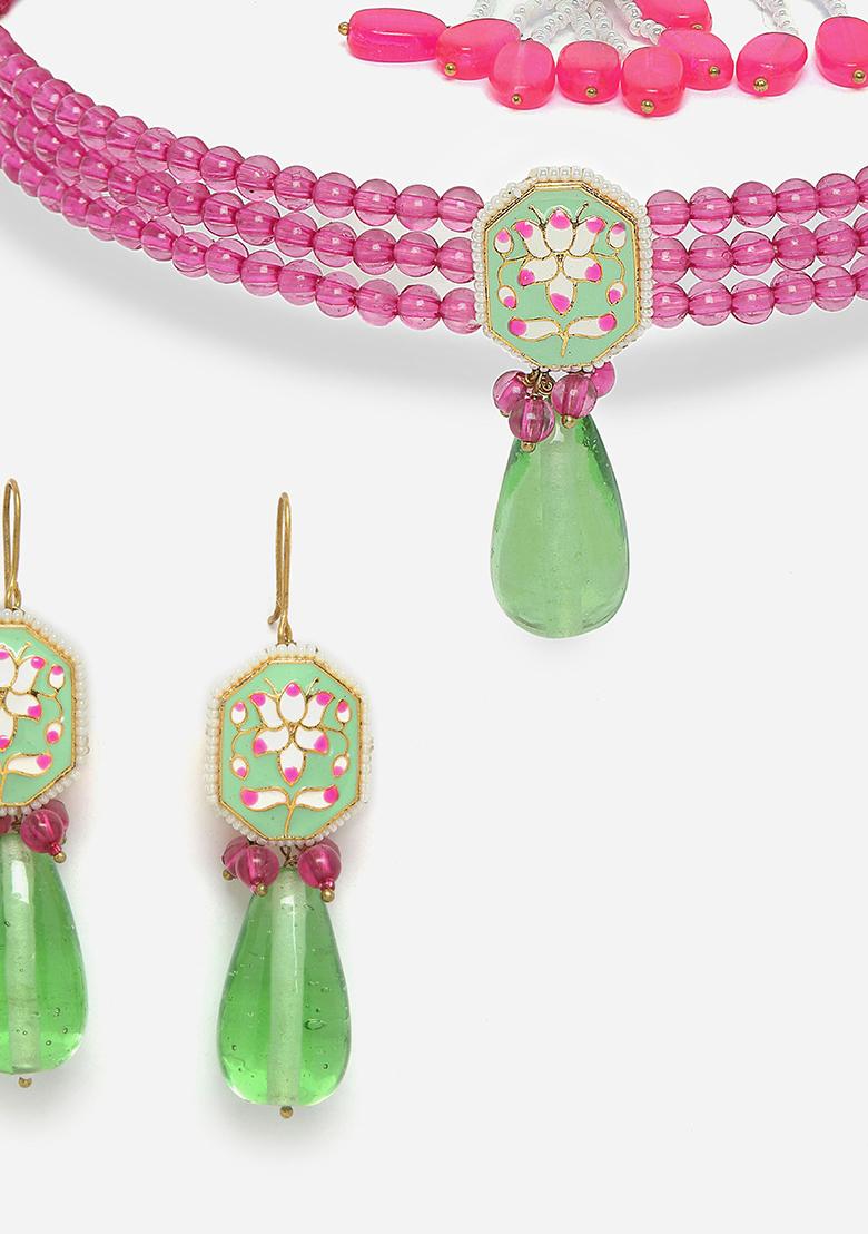 Green And Pink Kundan Pearl Necklace And Earrings Set