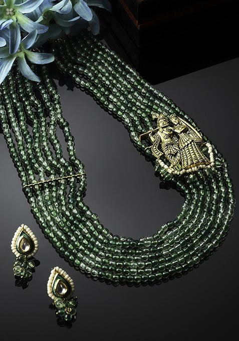 Gold Finish Green Pearl Kundan Necklace And Earrings Set