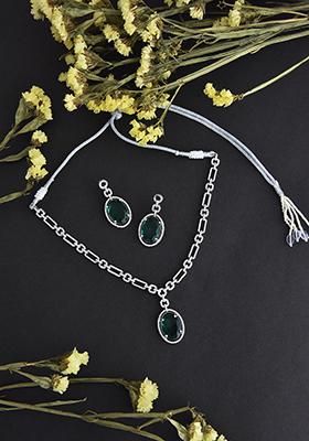 Silver Tone Zirconia Emerald Necklace And Earrings Set