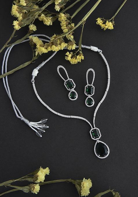 Silver Tone Emerald Zirconia Necklace And Earrings Set