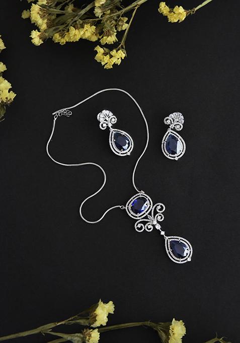 Silver Tone Sapphire Zirconia Necklace And Earrings Set
