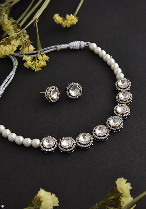 Silver Tone White Polki And Pearl Choker Necklace And Earrings Set