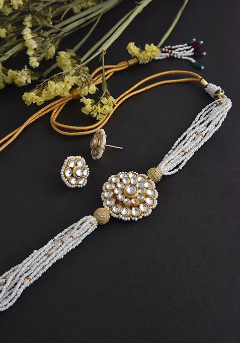 White Gold Tone Kundan And Pearl Choker Necklace And Earrings Set