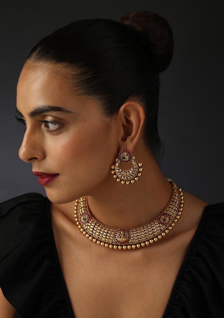 Red Gold Tone Temple Choker Necklace And Earrings Set