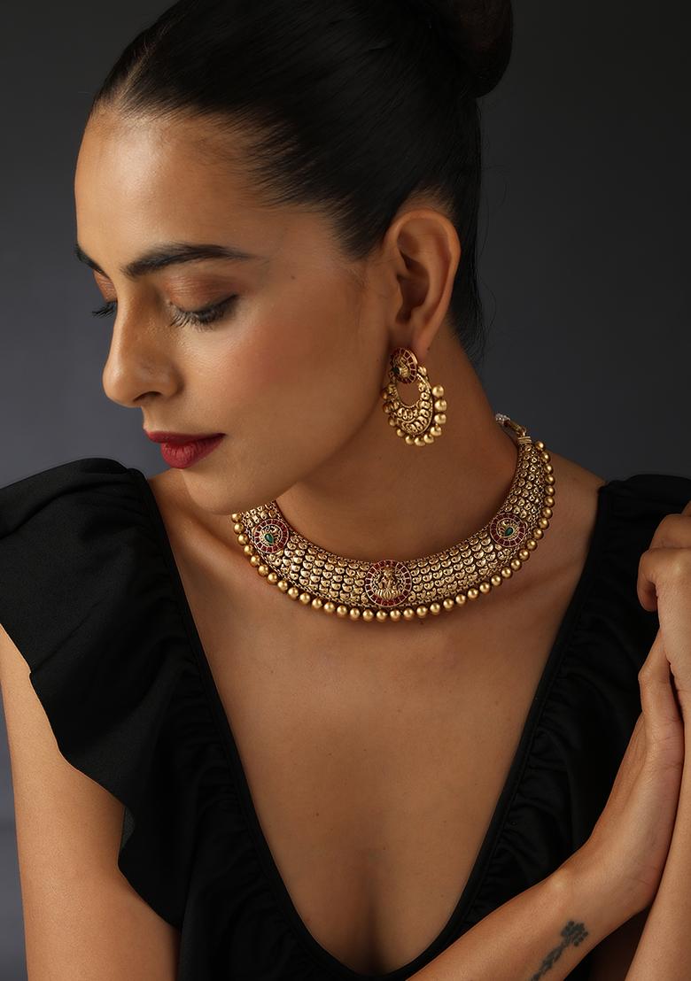 Red Gold Tone Temple Choker Necklace And Earrings Set