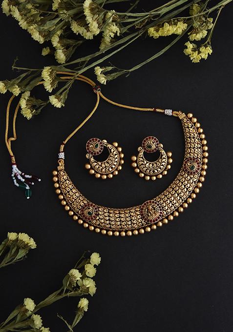 Red Gold Tone Temple Choker Necklace And Earrings Set