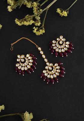 Red Gold Finish Kundan Chandbali Earrings With Maangtika