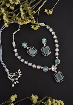 Pastel Green Silver Tone Polki Necklace And Earrings Set