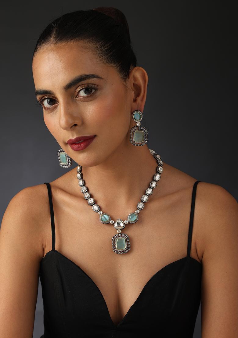 Pastel Green Silver Tone Polki Necklace And Earrings Set