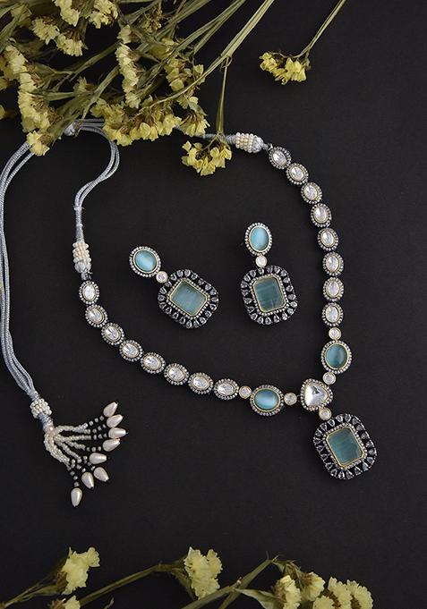 Pastel Green Silver Tone Polki Necklace And Earrings Set