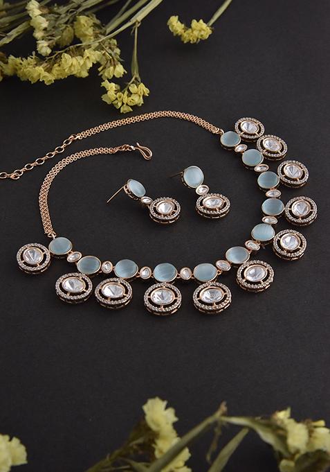 Light Blue Rose Gold Tone Polki Necklace And Earrings Set