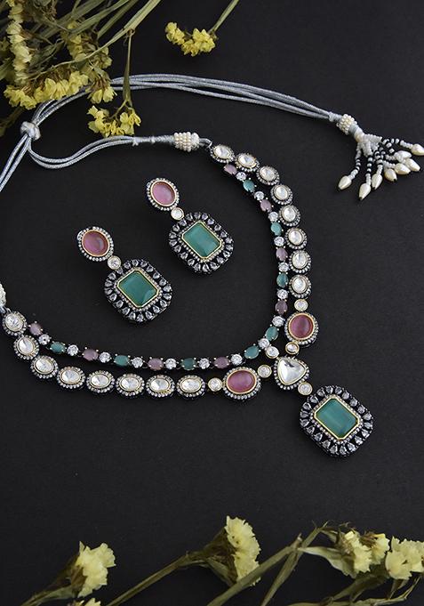 Pink And Green Silver Tone Polki Necklace And Earrings Set