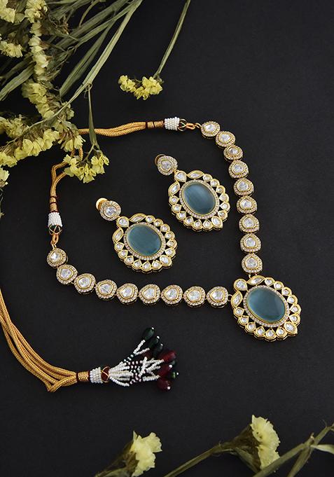 Mint Green Gold Tone Polki Necklace And Earrings Set