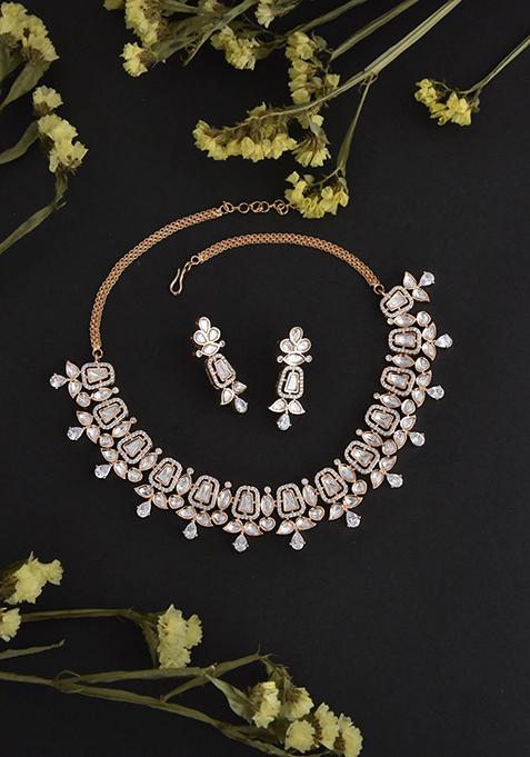 White Rose Gold Tone Polki Necklace And Earrings Set