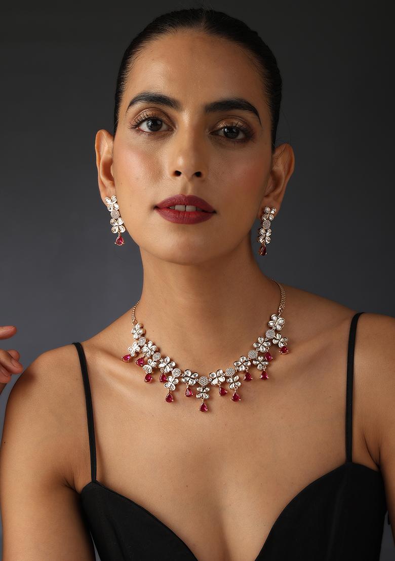 Ruby Rose Gold Tone Polki Necklace And Earrings Set