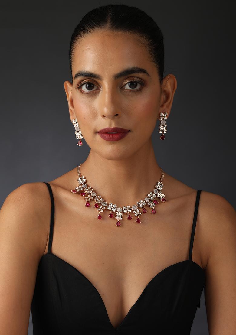 Ruby Rose Gold Tone Polki Necklace And Earrings Set