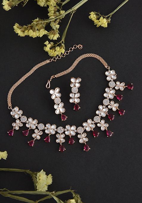 Ruby Rose Gold Tone Polki Necklace And Earrings Set