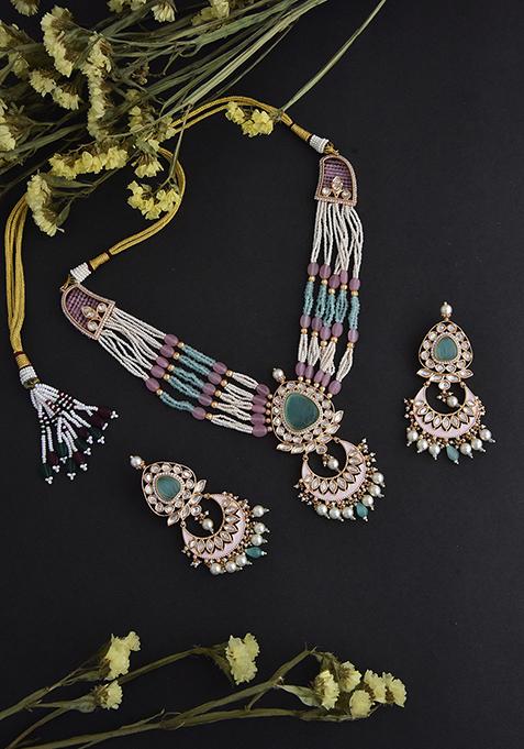 Pink And Mint Green Rose Gold Tone Polki Necklace And Earrings Set