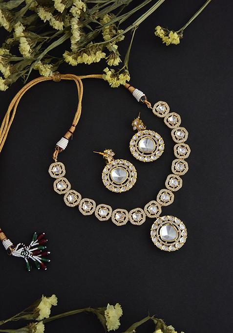 Gold Finish Polki Necklace And Earrings Set