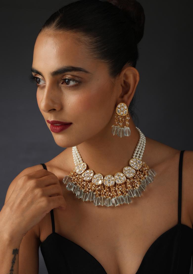 Gold Tone Mint Green Polki Stone Necklace And Earrings Set - Indya