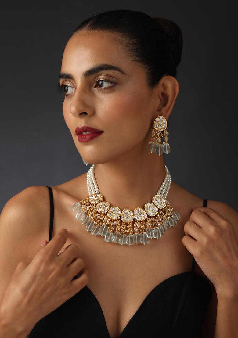 Gold Tone Mint Green Polki Stone Necklace And Earrings Set - Indya