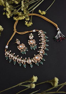 Green Gold Finish Polki Necklace And Earrings Set