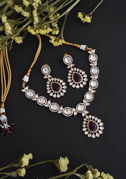 Red Gold Finish Polki Necklace And Earrings Set
