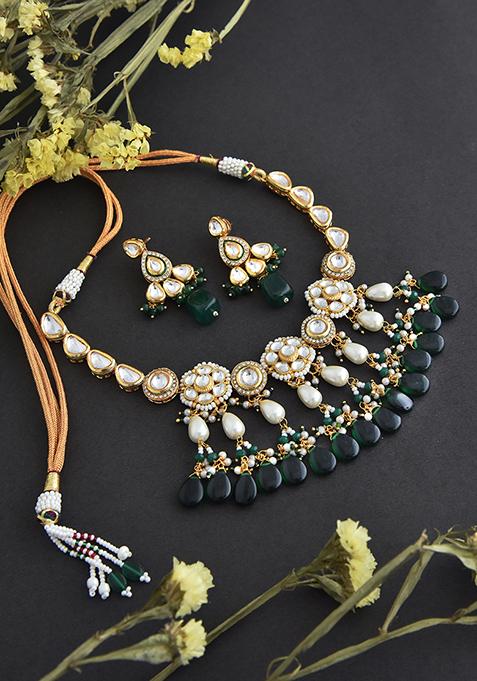 Green Gold Tone Kundan And Pearl Necklace And Earrings Set