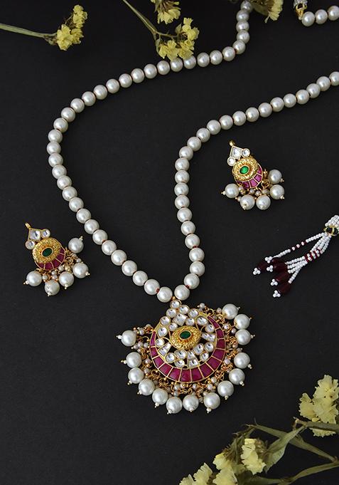 Gold Tone Kundan And Pearl Long Necklace And Earrings Set