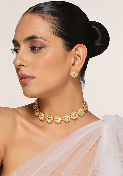 Multicolour Gold Tone Kundan Floral Choker Necklace And Earrings Set