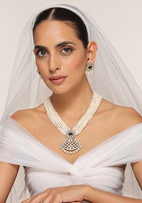 Blue Silver Tone Polki Pearl Necklace And Earrings Set