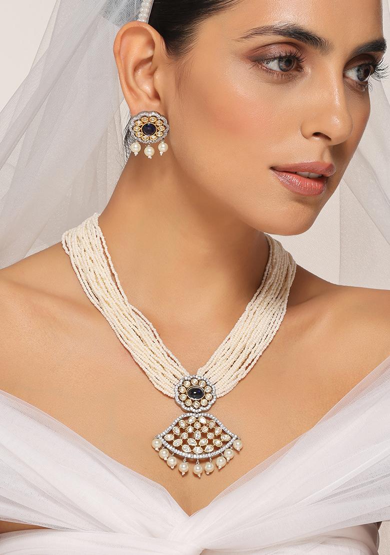 Blue Silver Tone Polki Pearl Necklace And Earrings Set