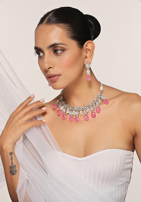 Pink Silver Tone Zirconia Necklace And Earrings Set