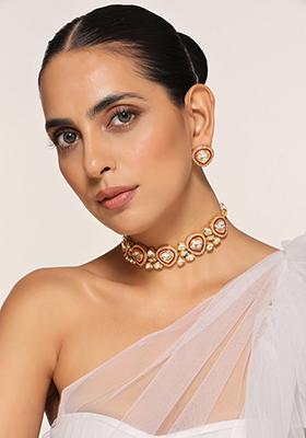Red Gold Tone Polki Kundan Necklace And Stud Earrings Set